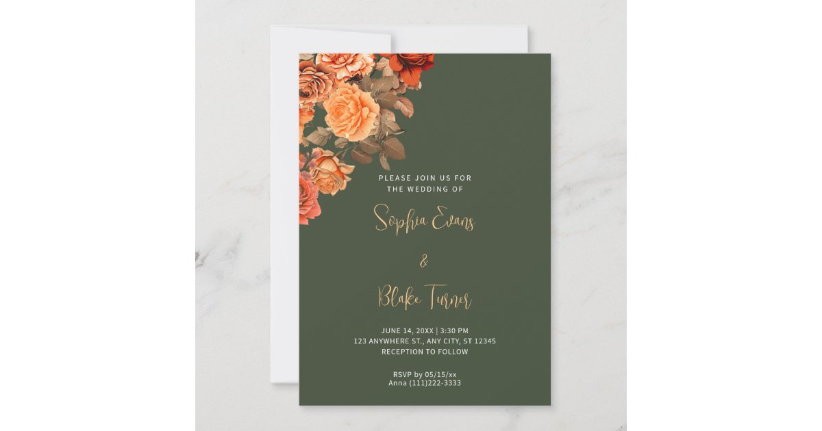Beautiful Orange Floral Bouquet Green Wedding Invitation | Zazzle