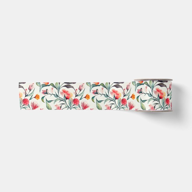 Beautiful Orange Floral Green Leaves  Satin Ribbon (Front)