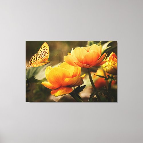 Beautiful Orange Flowers with Butterfly Nature Canvas Print