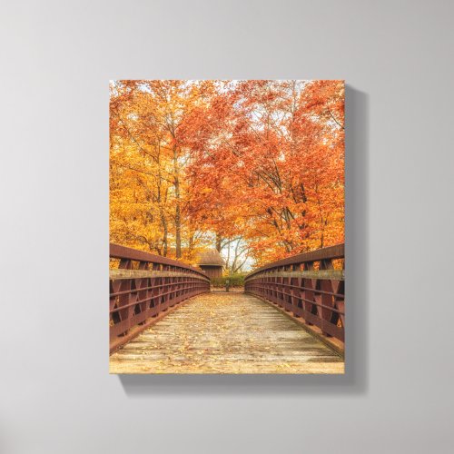 Beautiful Orange Gold Fall Colors Bridge Photo Canvas Print