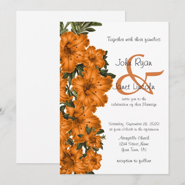 Beautiful Orange Lily Flower Wedding Invitations (Front/Back)