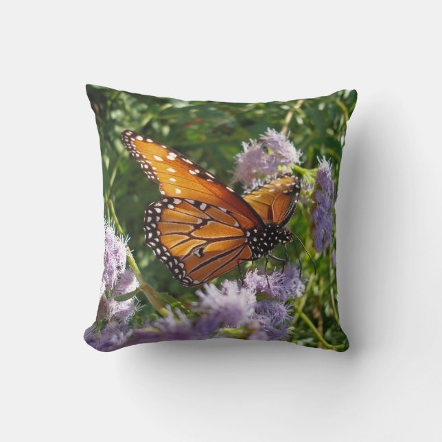 Beautiful Orange Monarch Butterfly with Flowers Throw Pillow (Front)