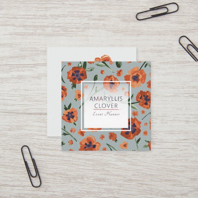 Beautiful Orange Poppies Customizable Square Business Card (Exquisite Hand-Painted Orange Oriental Poppies Square Business Card from Studio Posies)