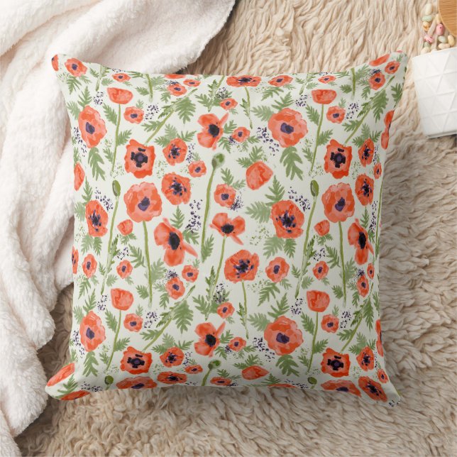 Beautiful Orange Poppies Floral Pattern Throw Pillow (Blanket)