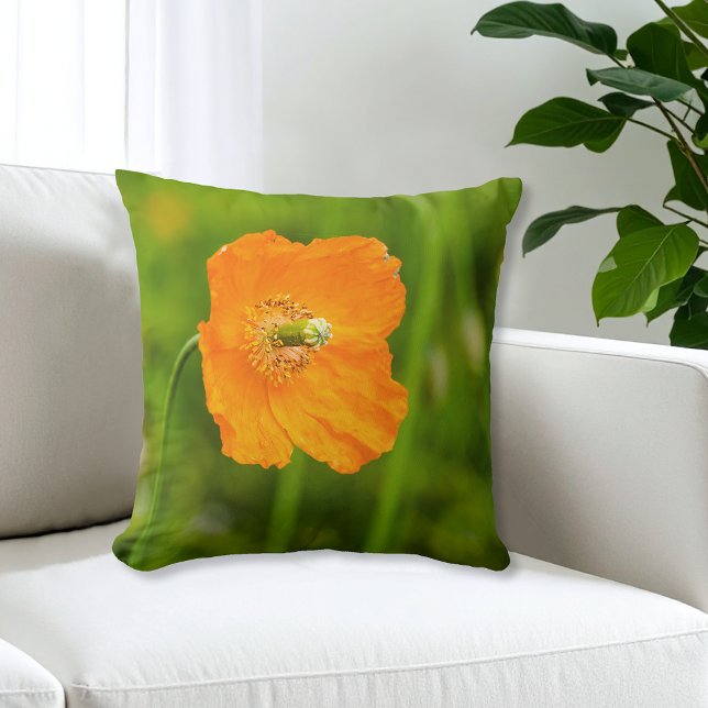 Beautiful Orange Poppy Flower Summer Photo Green Throw Pillow (Creator Uploaded)