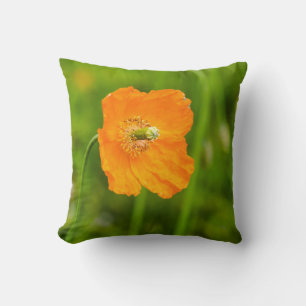 Beautiful Orange Poppy Flower Summer Photo Green Throw Pillow