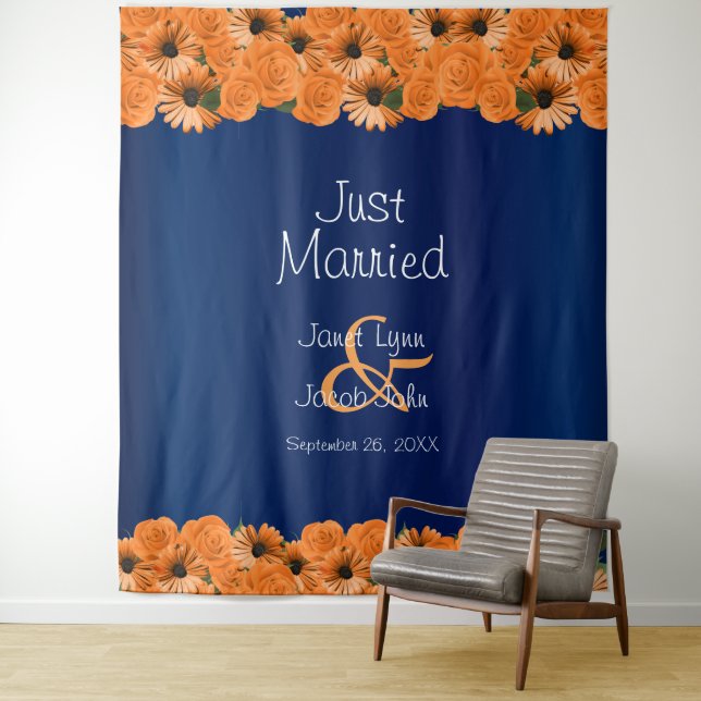 Beautiful Orange Rose and Navy Blue   Tapestry (In Situ)