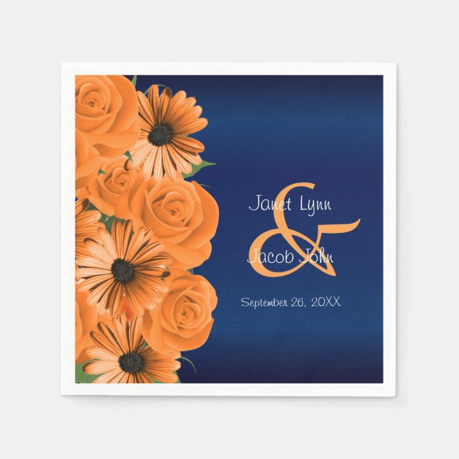 Beautiful Orange Rose and Navy Blue Wedding Napkins (Front)