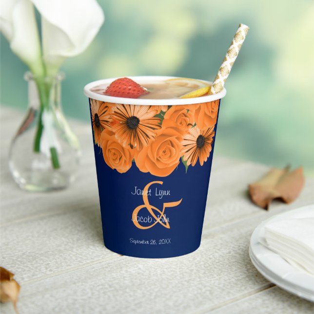 Beautiful Orange Rose and Navy Blue Wedding Paper Cups (Insitu)