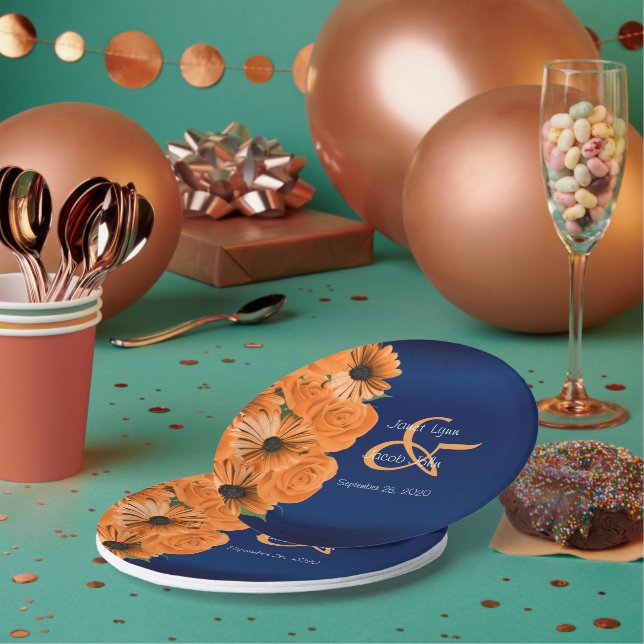 Beautiful Orange Rose and Navy Blue Wedding Paper Plates (Multi)