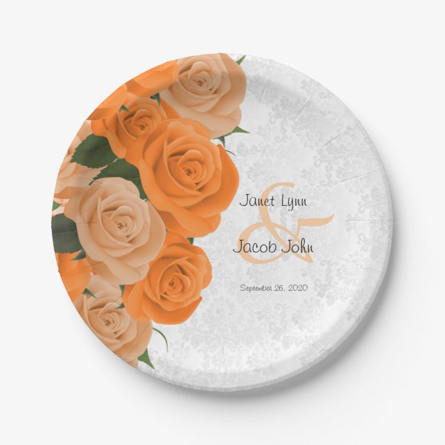 Beautiful Orange Rose and White Damask Wedding Paper Plates (Front)
