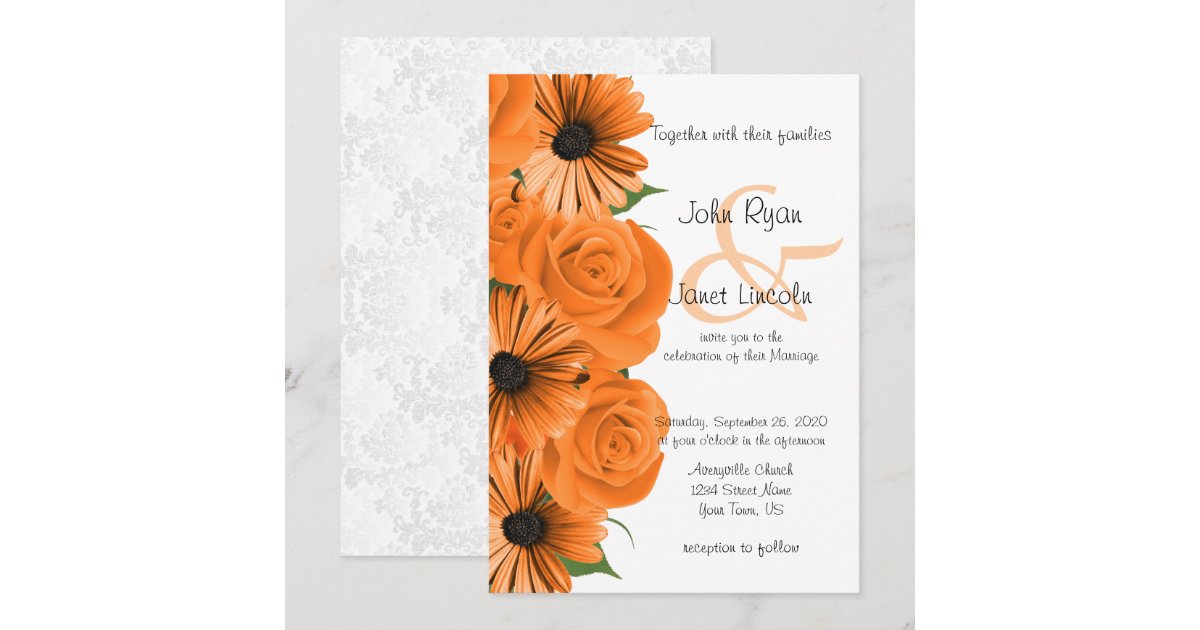 Beautiful Orange Rose & Daisy Wedding Invitation | Zazzle