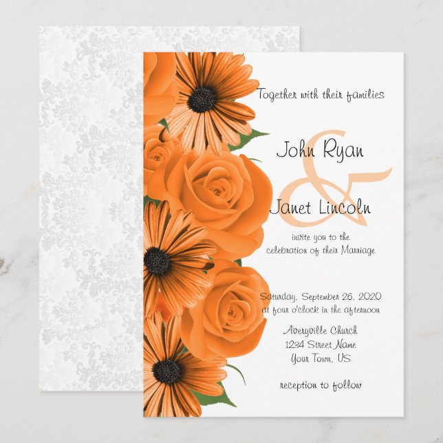 Beautiful Orange Rose & Daisy Wedding Invitation (Front/Back)