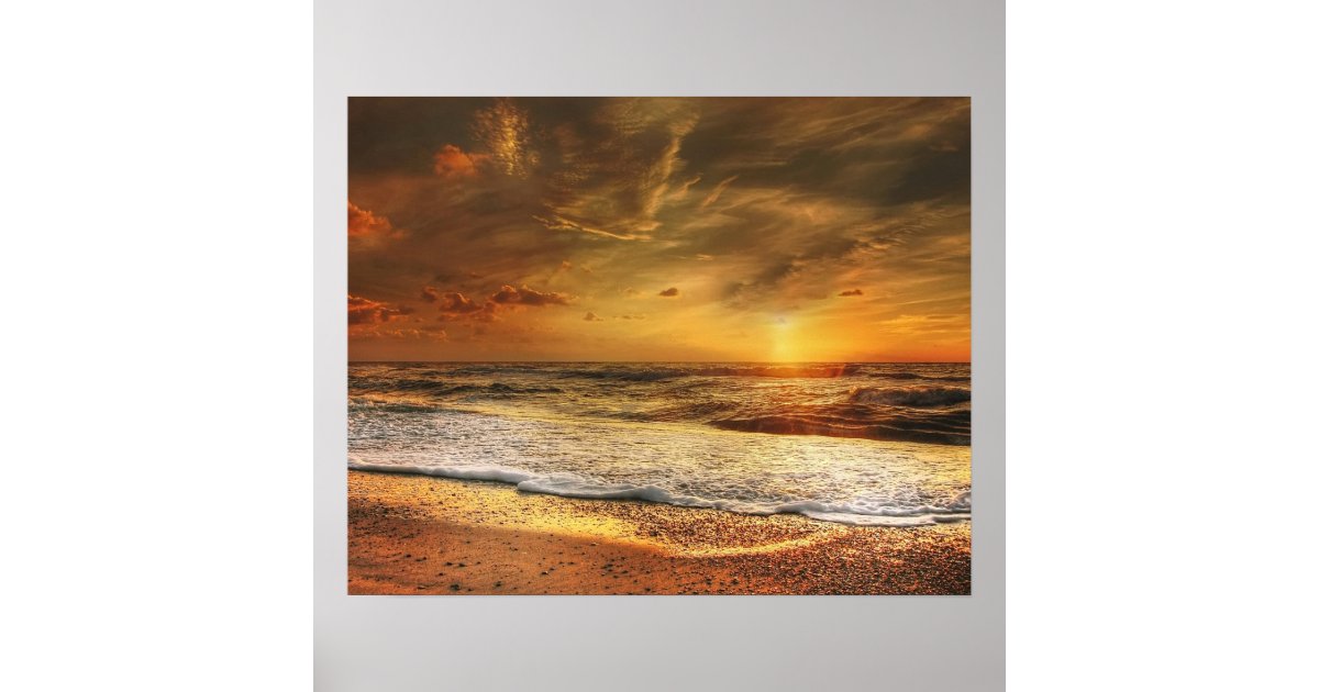 Beautiful Orange Sunset on the Beach Poster | Zazzle