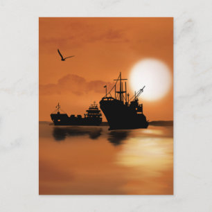 Beautiful orange sunset ships birds illustration postcard