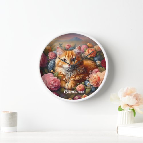 Beautiful Orange Tabby Cat and Flowers Clock