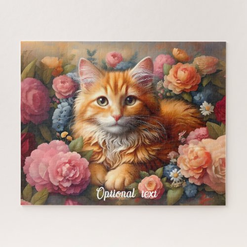 Beautiful Orange Tabby Cat and Flowers Jigsaw Puzzle