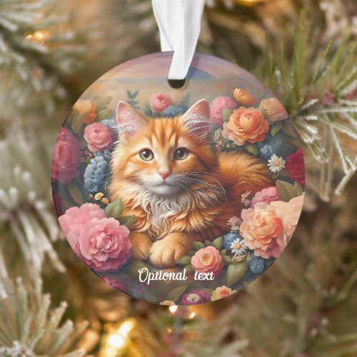 Beautiful Orange Tabby Cat and Flowers Ornament