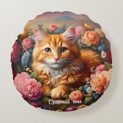 Beautiful Orange Tabby Cat and Flowers Round Pillow