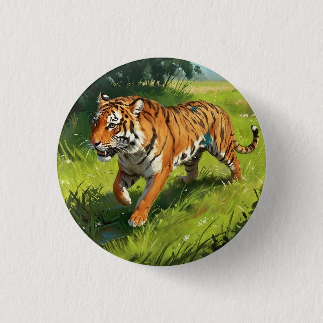 Beautiful Orange Tiger Running in Jungle Button (Front)