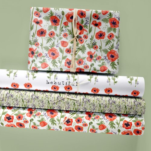 Beautiful Orange Watercolor Poppies Floral Wrapping Paper Sheets