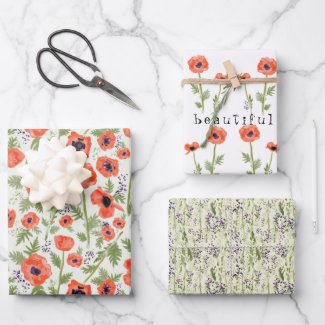 Beautiful Orange Watercolor Poppies Floral Wrapping Paper Sheets