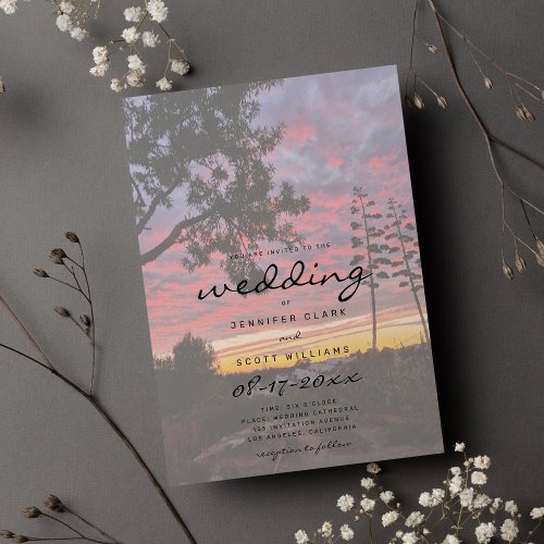 Beautiful orange yellow sunset countryside wedding invitation