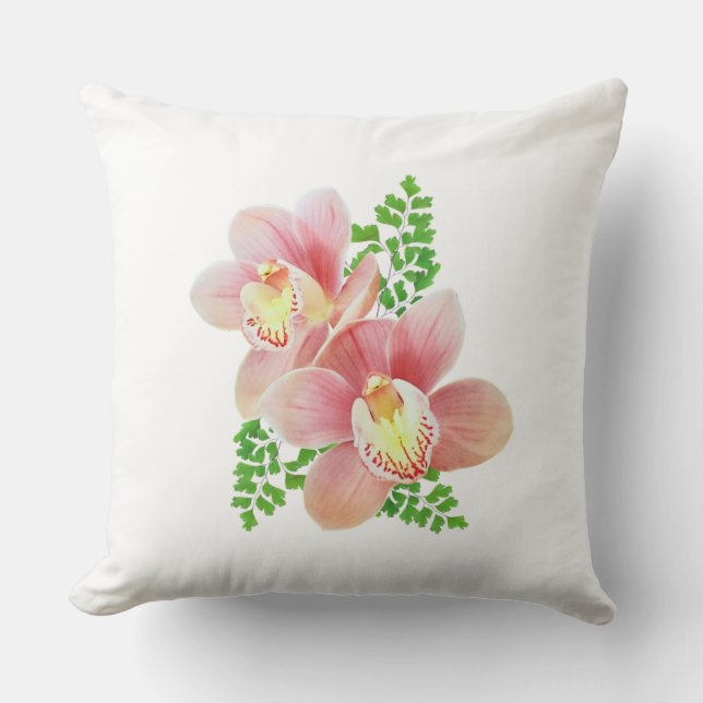 Beautiful orchid flowers on white throw pillow (Front)