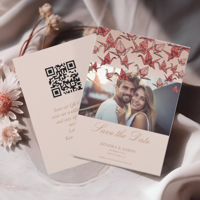Beautiful Origami Paper Crane Photo QR Code Save The Date (Creator Uploaded)