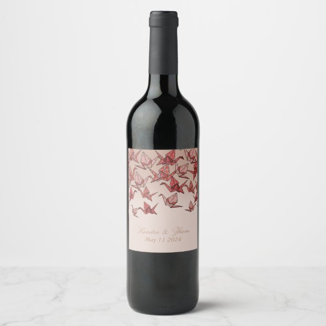 Beautiful Origami Paper Crane Wedding Wine Label (Front)