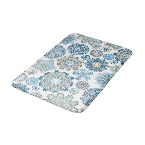 Beautiful Ornate Blue Flower Mandala Pattern Bath Mat