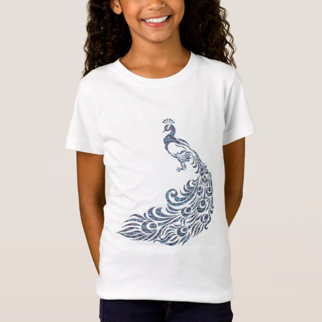Beautiful Ornate Blue Peacock Silhouette T-Shirt (Front)