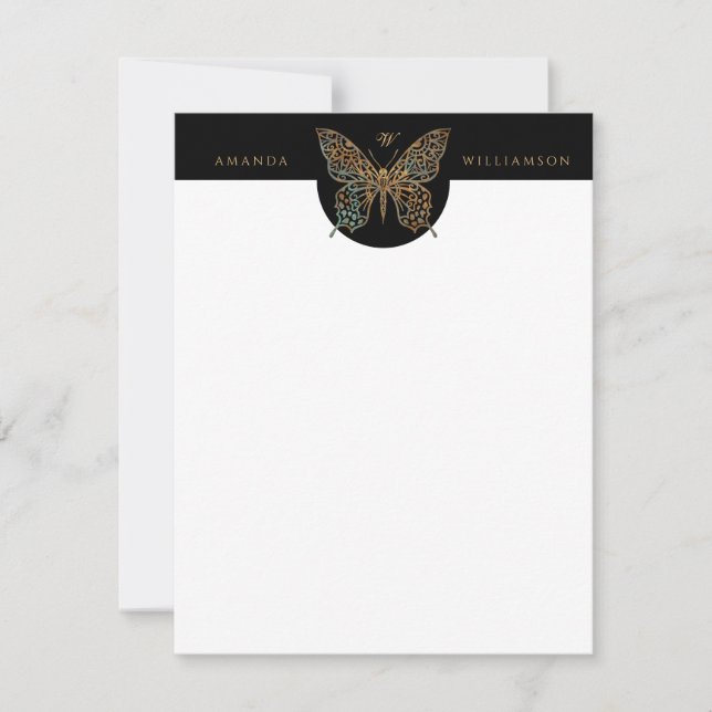 Beautiful Ornate Decorative Butterfly Logo Black Note Card (Front)