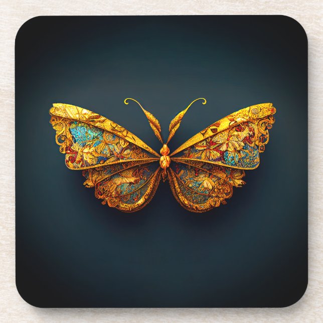 Beautiful Ornate Gold Teal Butterfly Beverage Coaster (Front)