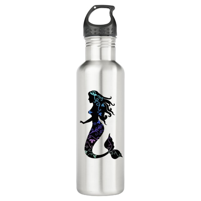 Beautiful Ornate Mermaid Silhouette Stainless Steel Water Bottle (Front)