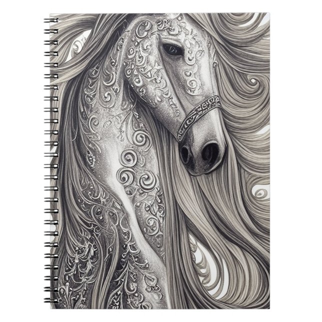 Beautiful Ornate Silver Grey Horse w/ Flowing Mane Notebook (Front)