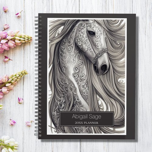 Beautiful Ornate Silver Grey Horse w Flowing Mane Planner