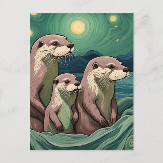 Beautiful Otter Family Van Gogh Style Postcard (Front)