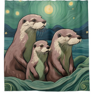 Beautiful Otter Family Van Gogh Style Shower Curtain
