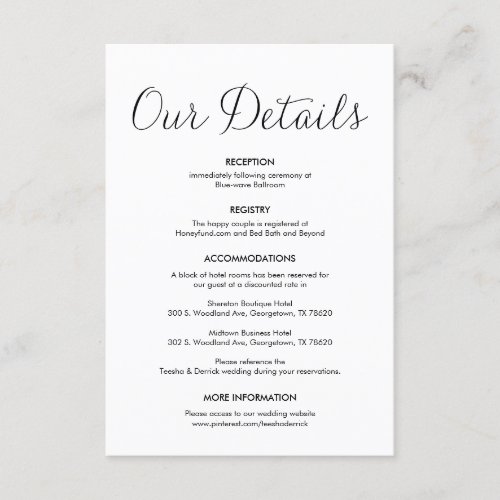 Beautiful Our Wedding Details Classic Black ink Enclosure Card