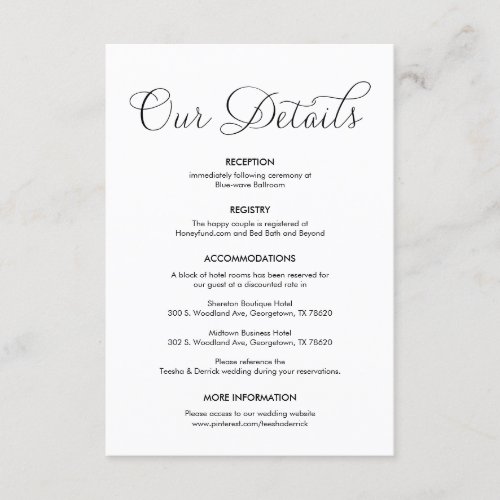 Beautiful Our Wedding Details Classic Black ink Enclosure Card