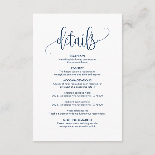 Beautiful Our Wedding Details Modern elegant Navy Enclosure Card (Front)