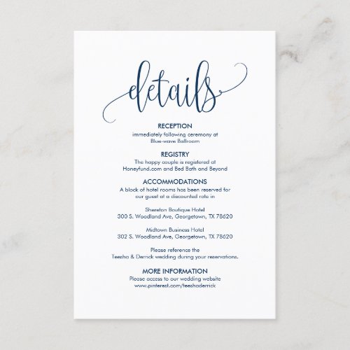 Beautiful Our Wedding Details Modern elegant Navy Enclosure Card