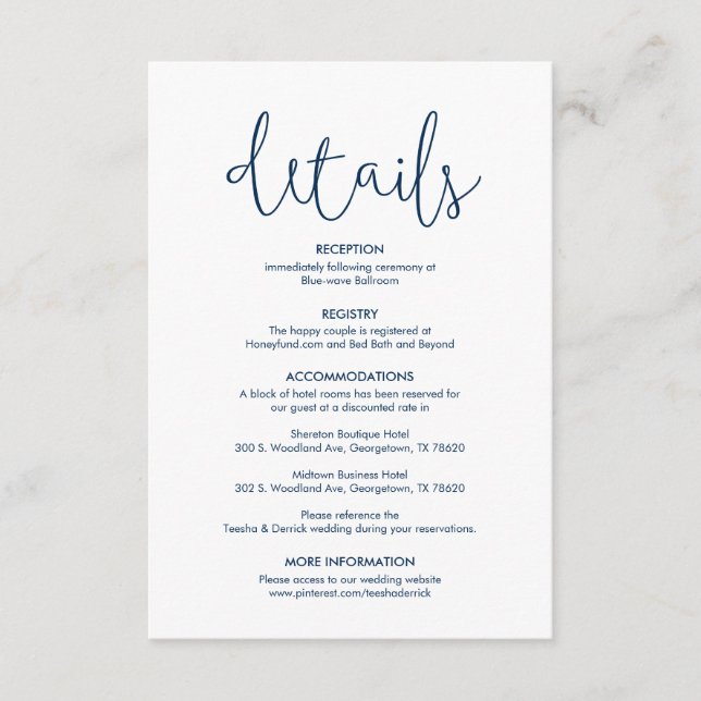 Beautiful Our Wedding Details Modern rustic Navy Enclosure Card (Front)