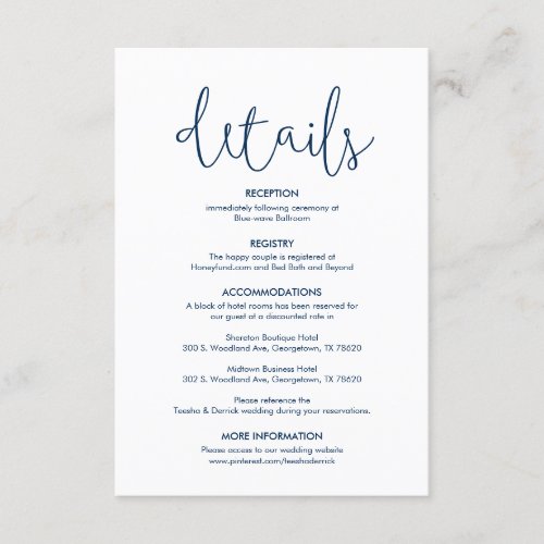Beautiful Our Wedding Details Modern rustic Navy Enclosure Card