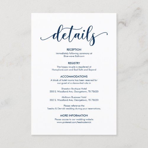 Beautiful Our Wedding Details Modern rustic Navy Enclosure Card