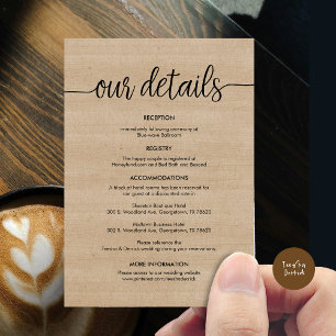 Beautiful Our Wedding Details, Rustic Black ink Enclosure Card