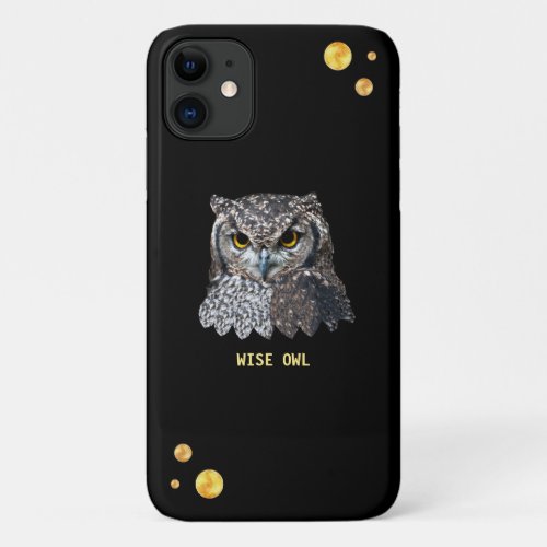 Beautiful owl and golden confetti on black iPhone 11 case