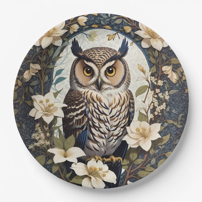 Beautiful Owl And Jasmine Flowers  Paper Plates (Front)