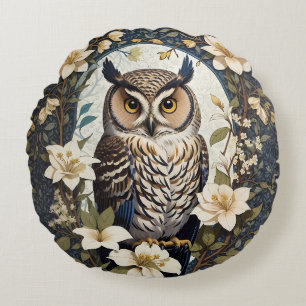 Beautiful Owl And Jasmine Flowers Round Pillow